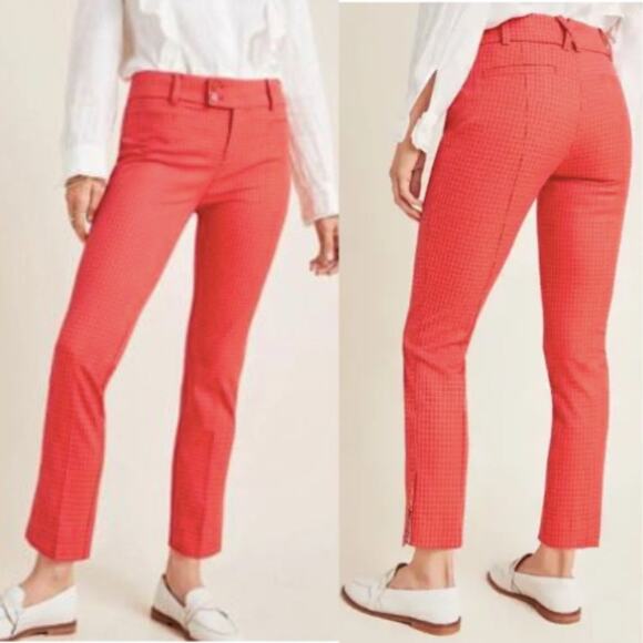 Anthropologie Red Checked Cropped Split Hem Essential Slim Pants - Picture 1 of 8